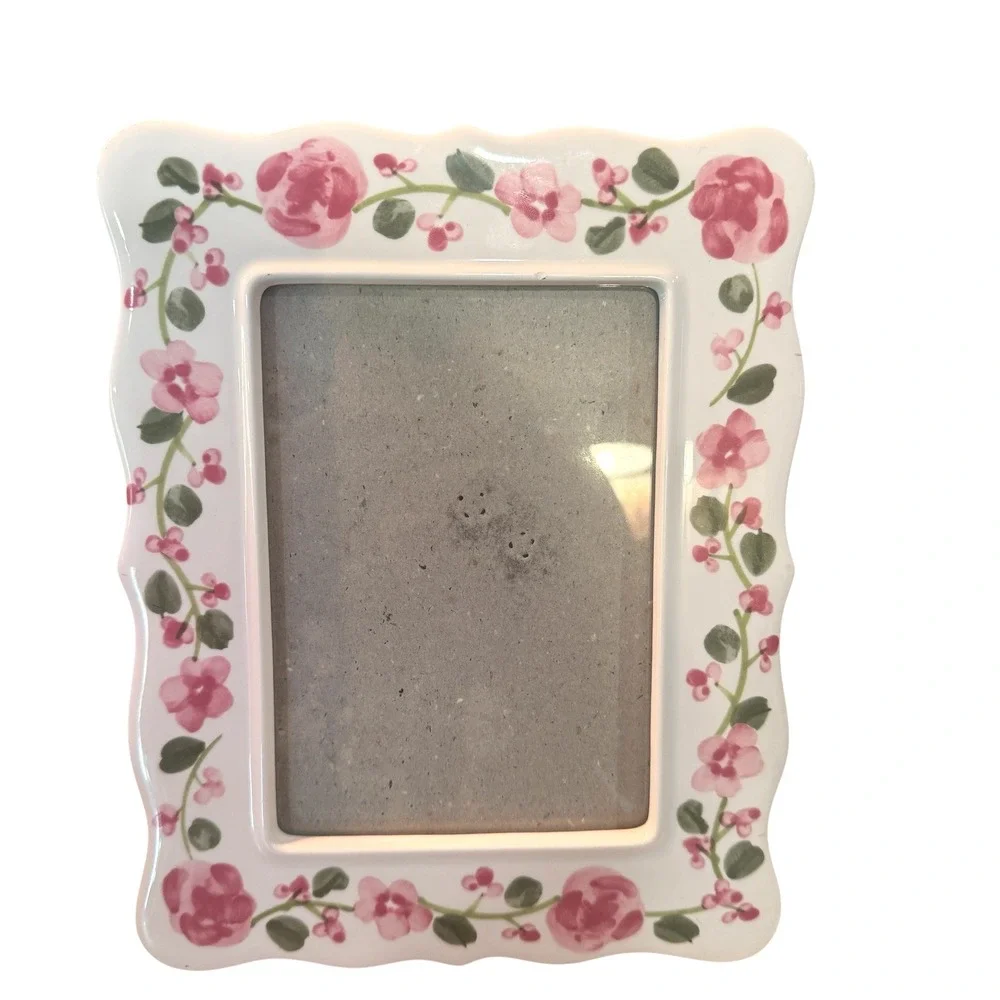 Vintage Ceramic Floral Picture Frame Pink Roses Scalloped Edge 5x7 Photo 1990s
